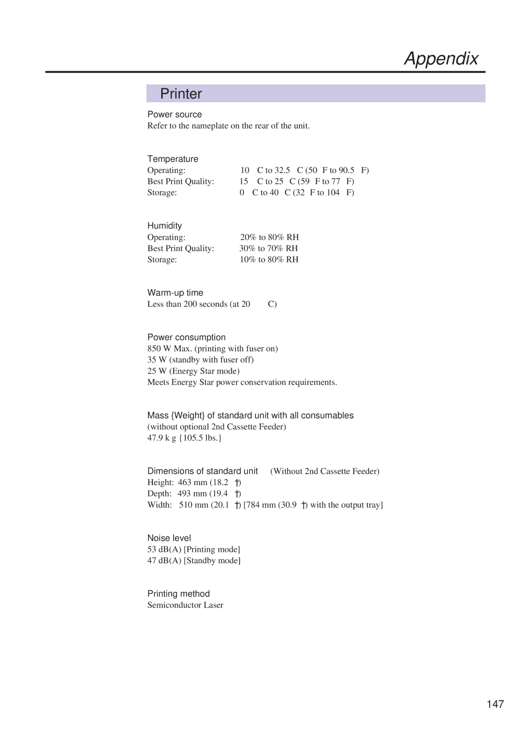 Panasonic KX-PS8000 manual 147, Warm-up time, Mass Weight of standard unit with all consumables, Printing method 