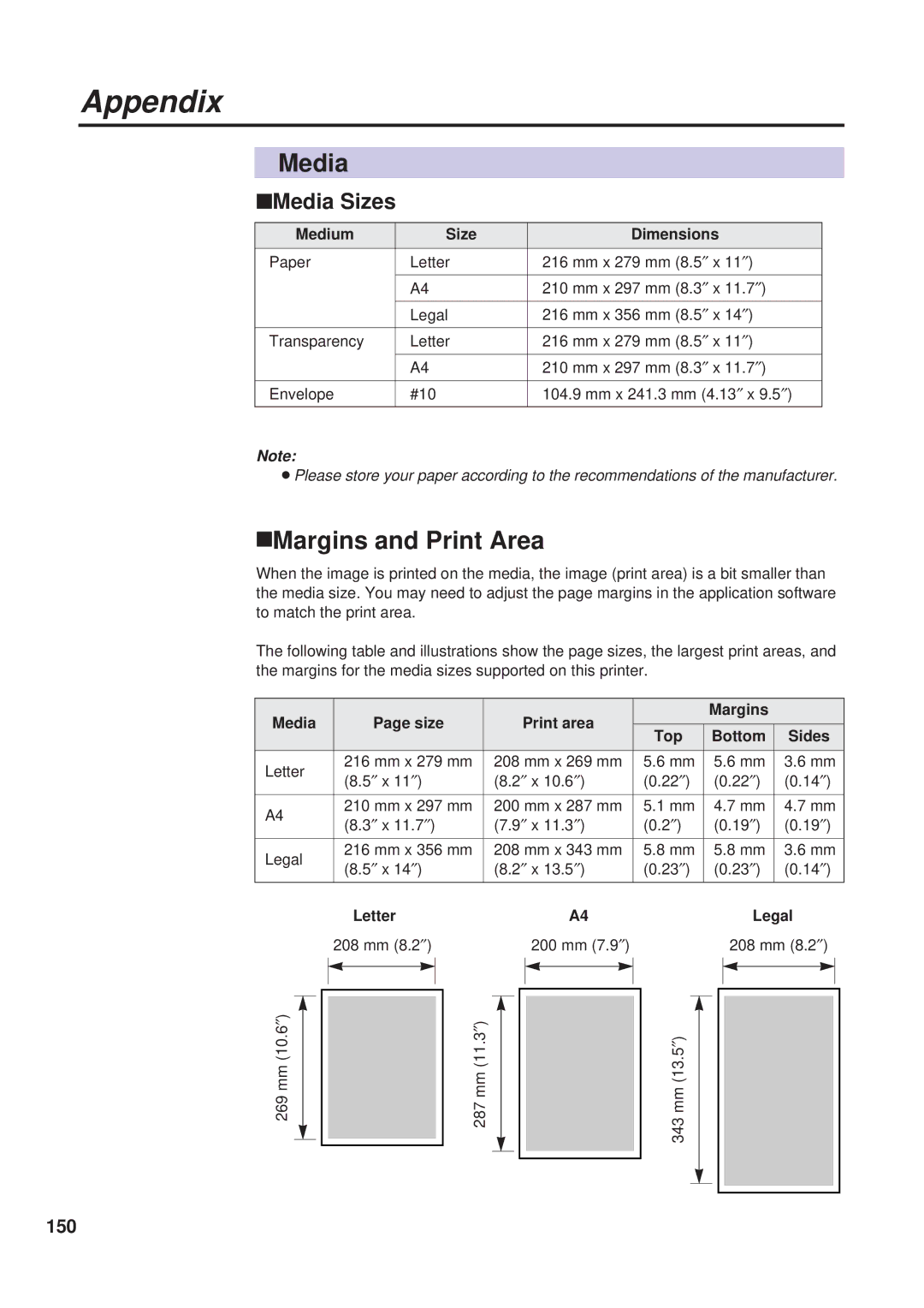 Panasonic KX-PS8000 manual Media Sizes, 150, Medium Size Dimensions 