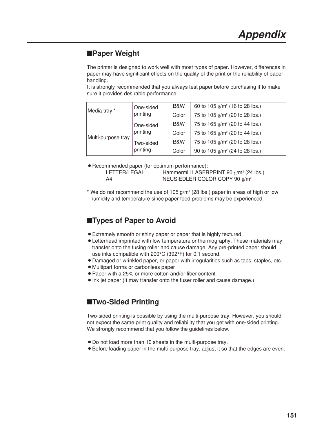 Panasonic KX-PS8000 manual Paper Weight, Types of Paper to Avoid, Two-Sided Printing, 151 