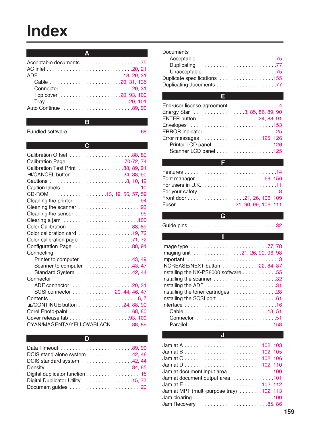 Panasonic KX-PS8000 manual Index, 159 