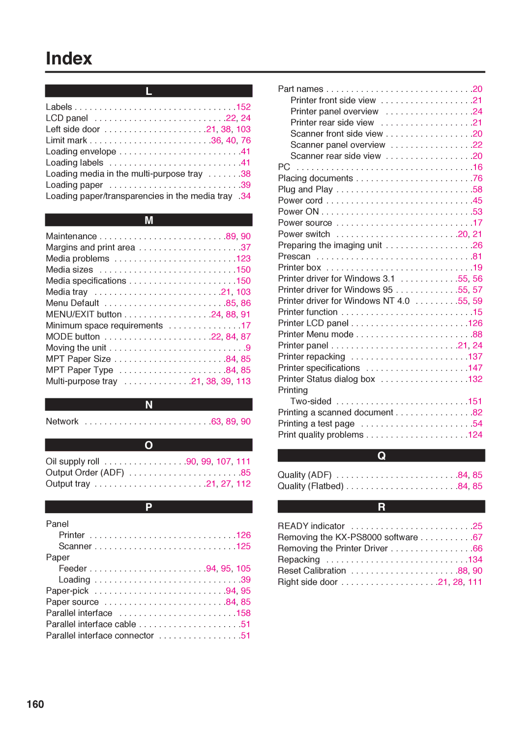 Panasonic KX-PS8000 manual Index, 160 