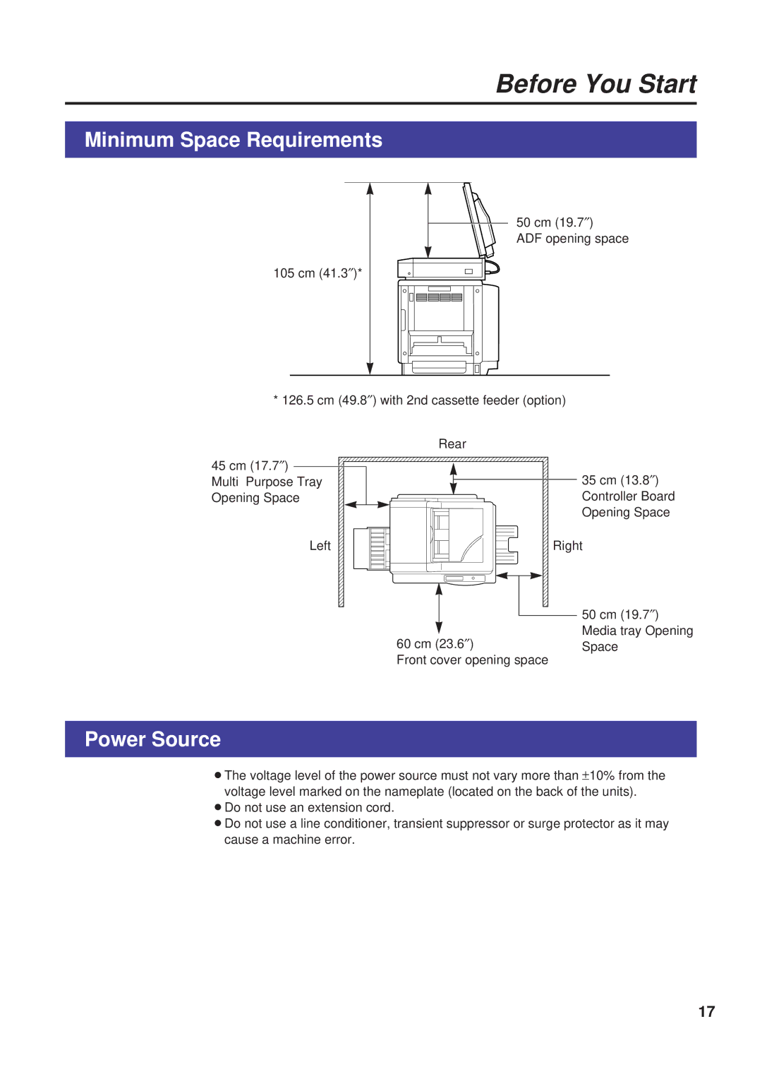 Panasonic KX-PS8000 manual Minimum Space Requirements, Power Source 