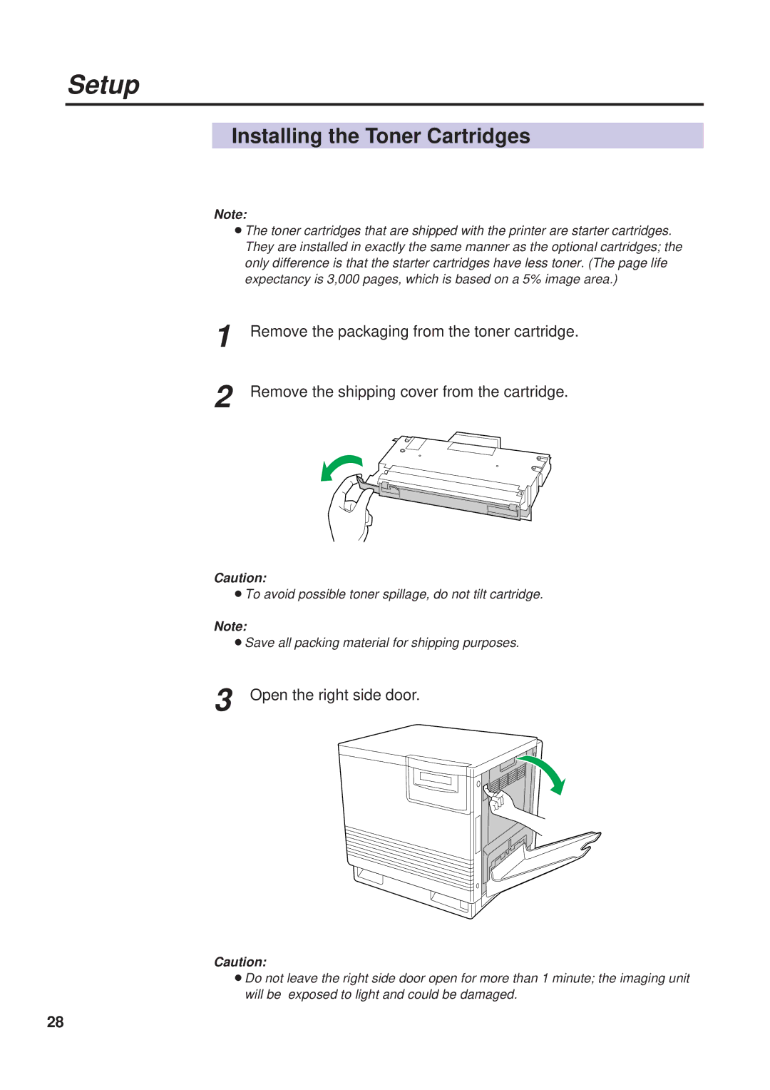 Panasonic KX-PS8000 manual Installing the Toner Cartridges, Open the right side door 