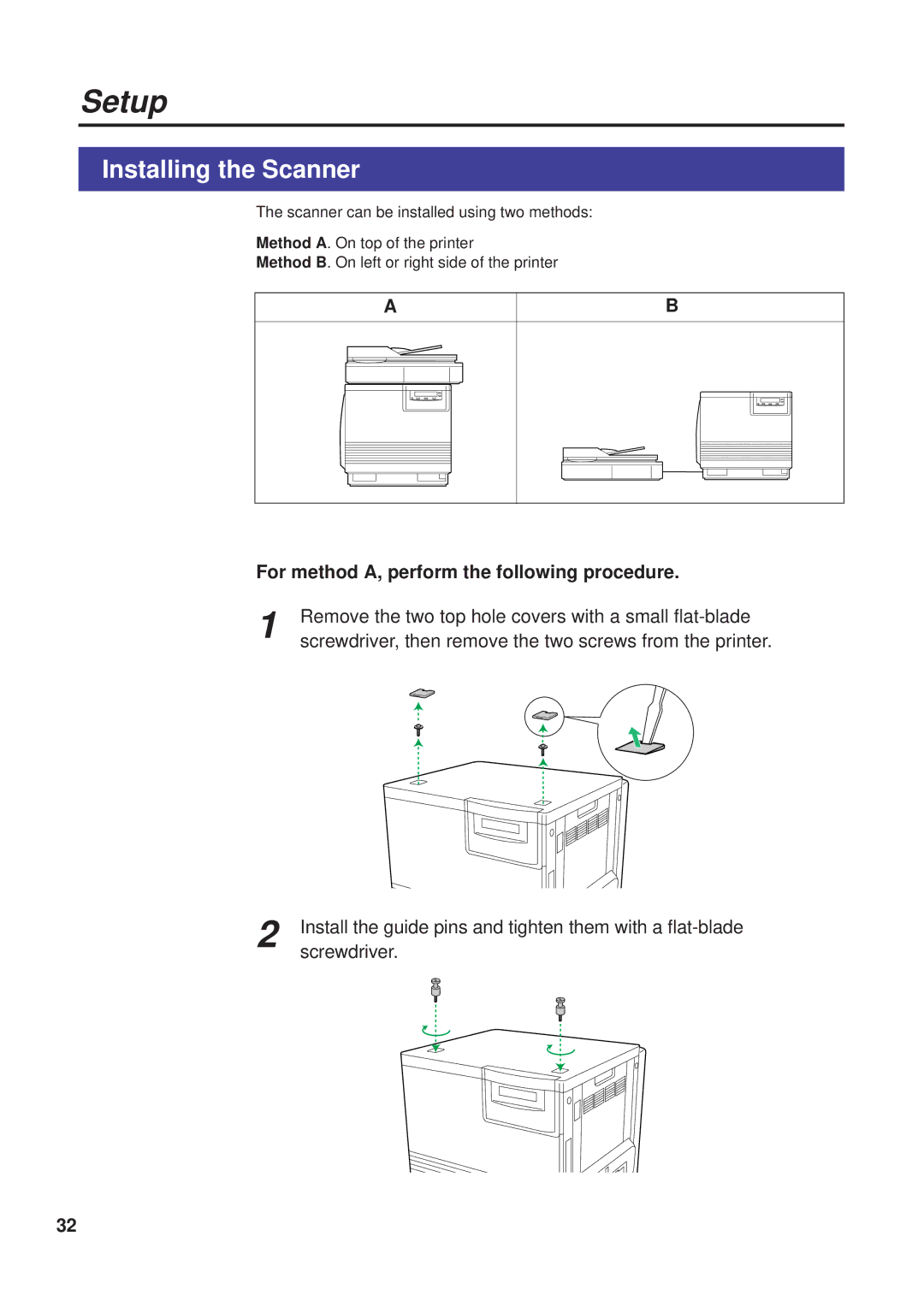 Panasonic KX-PS8000 manual Installing the Scanner, For method A, perform the following procedure 