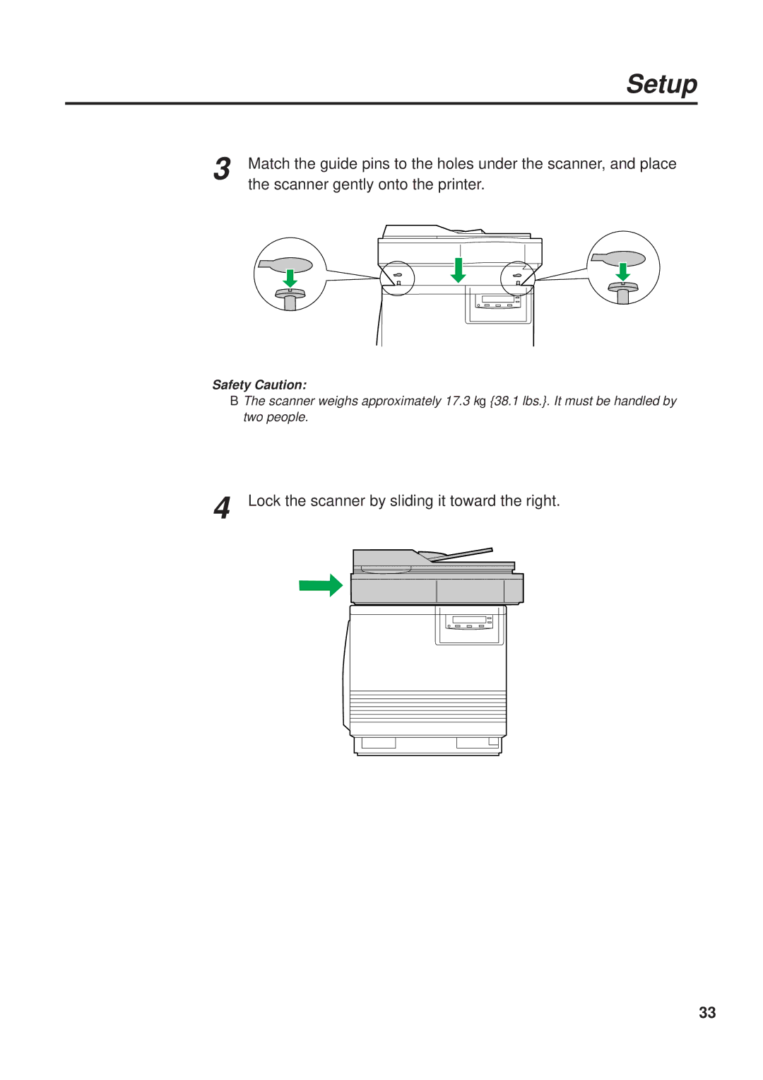 Panasonic KX-PS8000 manual Scanner gently onto the printer, Lock the scanner by sliding it toward the right 