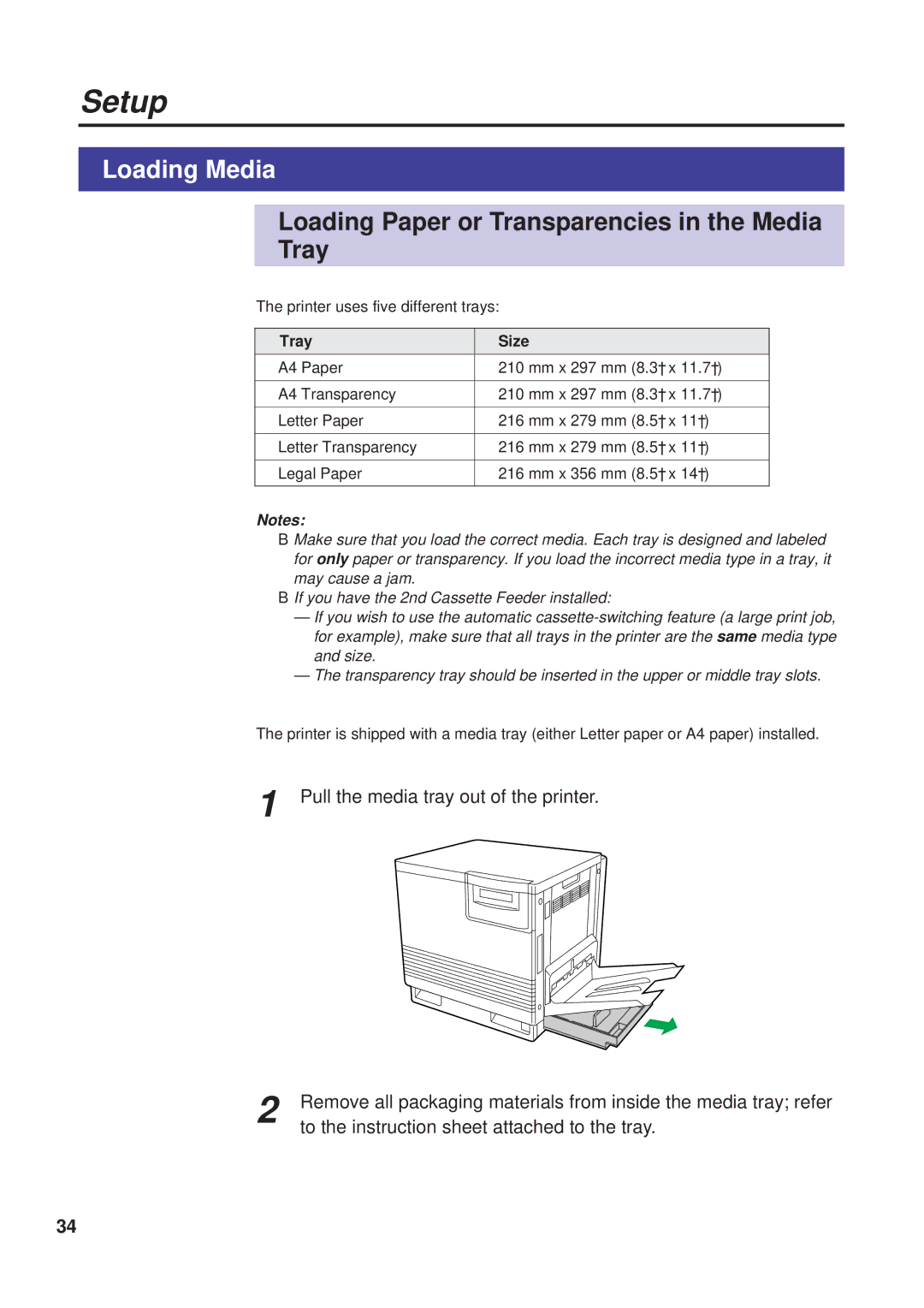 Panasonic KX-PS8000 manual Loading Media, Loading Paper or Transparencies in the Media Tray, Tray Size 