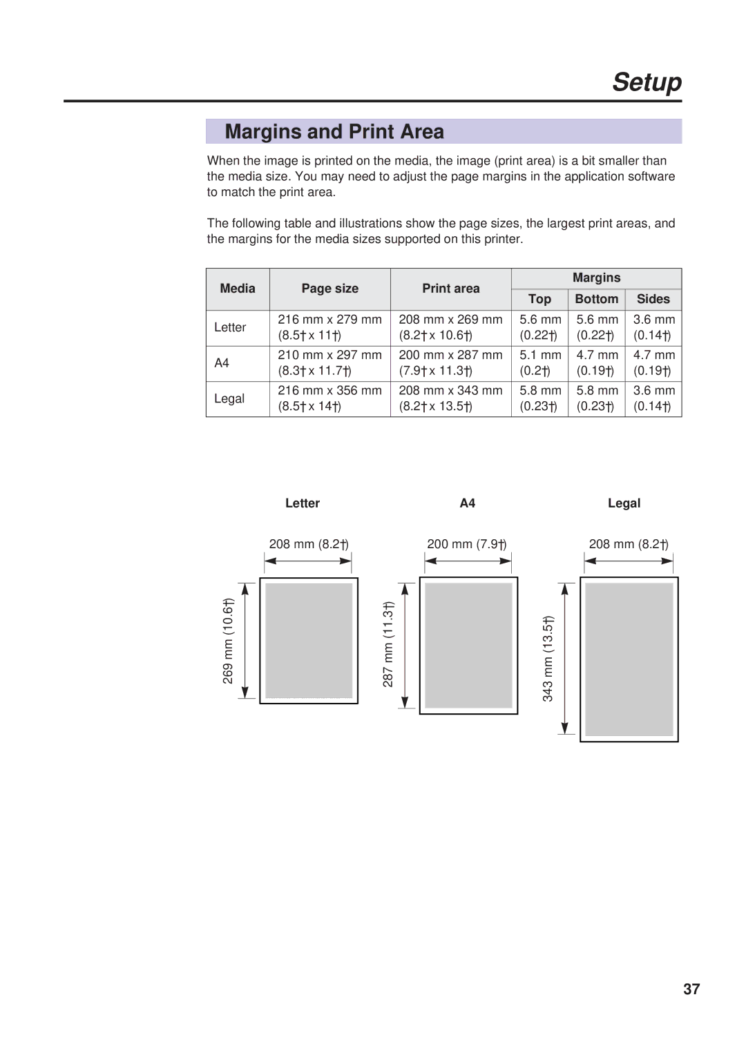 Panasonic KX-PS8000 manual Margins and Print Area, Media Size Print area Margins Top Bottom Sides, Letter, Legal 