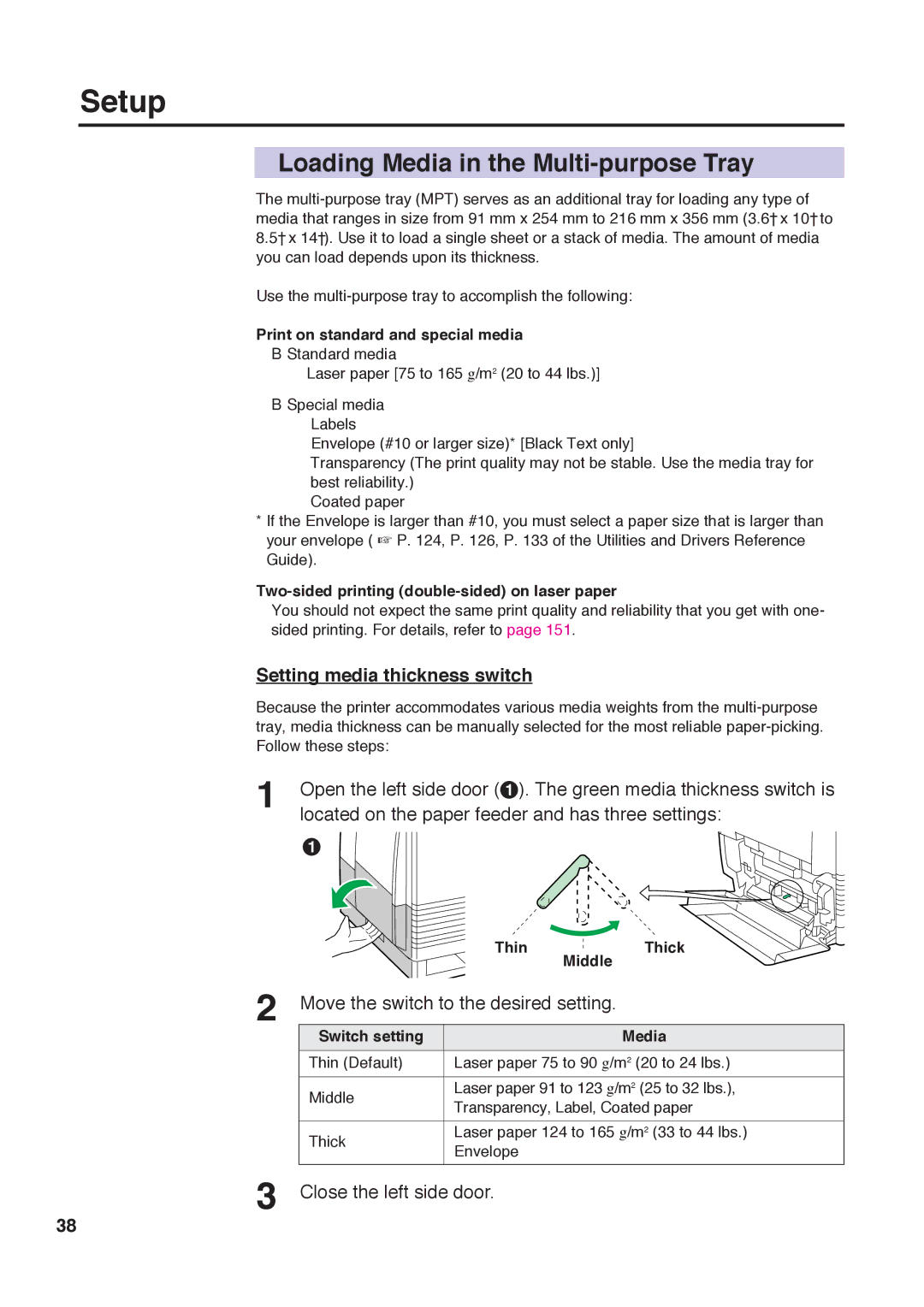 Panasonic KX-PS8000 manual Loading Media in the Multi-purpose Tray, Setting media thickness switch 