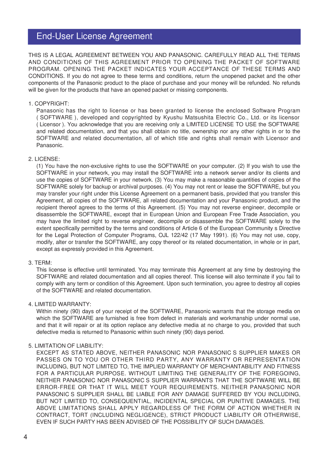 Panasonic KX-PS8000 manual End-User License Agreement, Term 