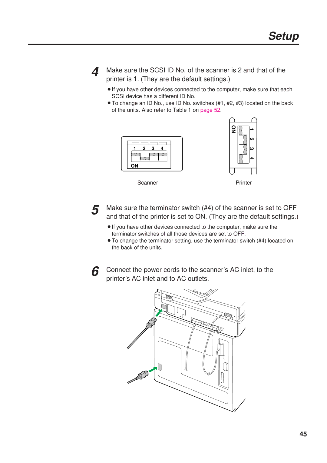 Panasonic KX-PS8000 manual Connect the power cords to the scanner’s AC inlet, to, Printer’s AC inlet and to AC outlets 