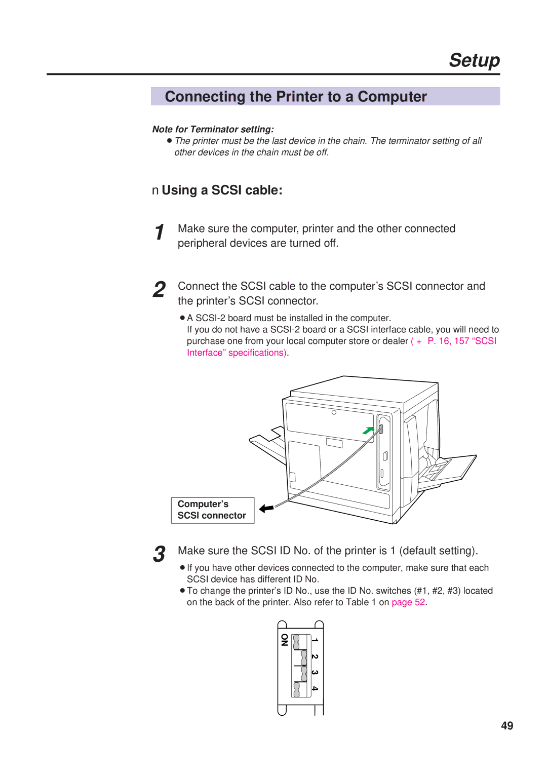 Panasonic KX-PS8000 manual Connecting the Printer to a Computer, Using a Scsi cable, Printer’s Scsi connector 