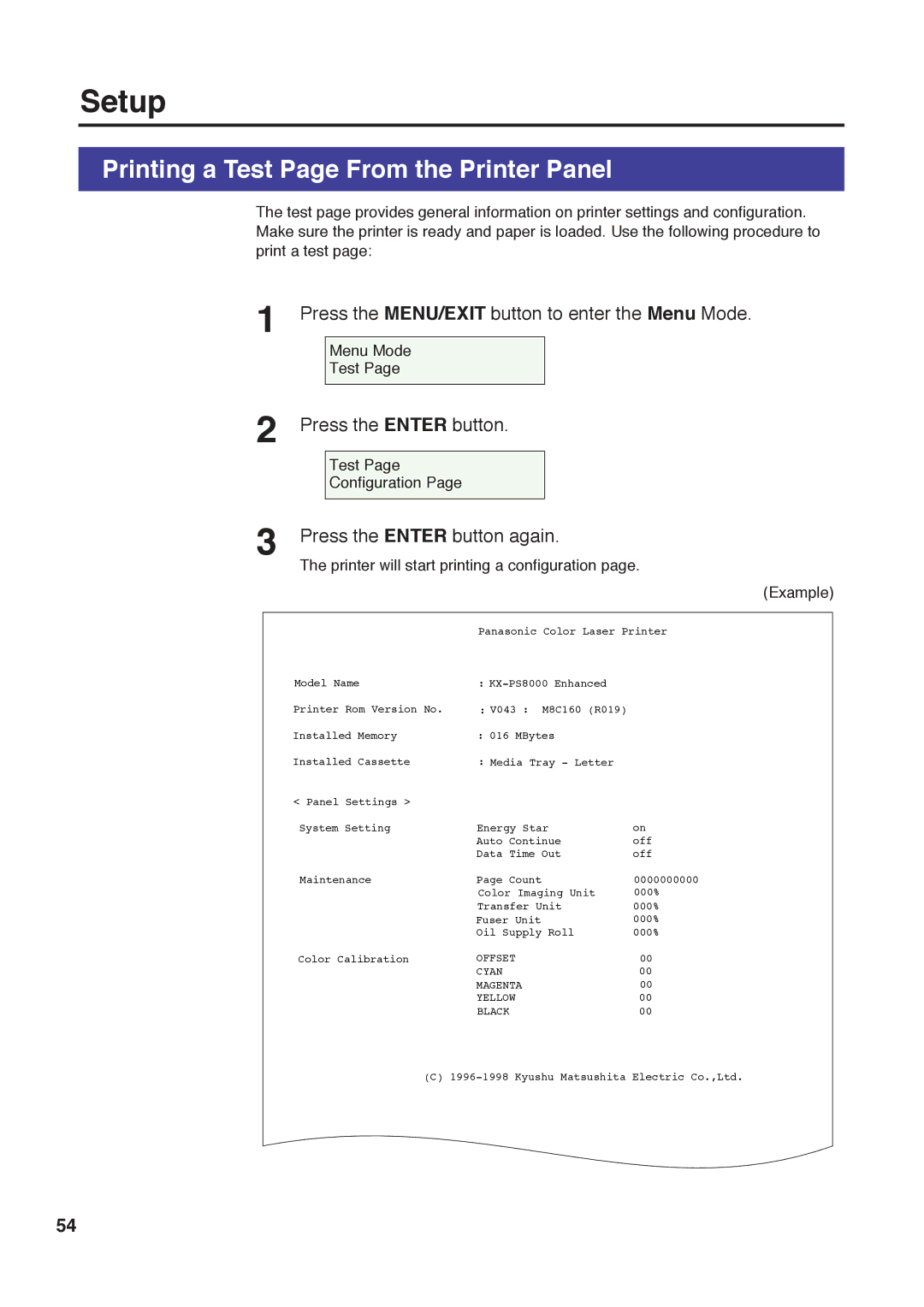 Panasonic KX-PS8000 manual Printing a Test Page From the Printer Panel, Press the Enter button again 