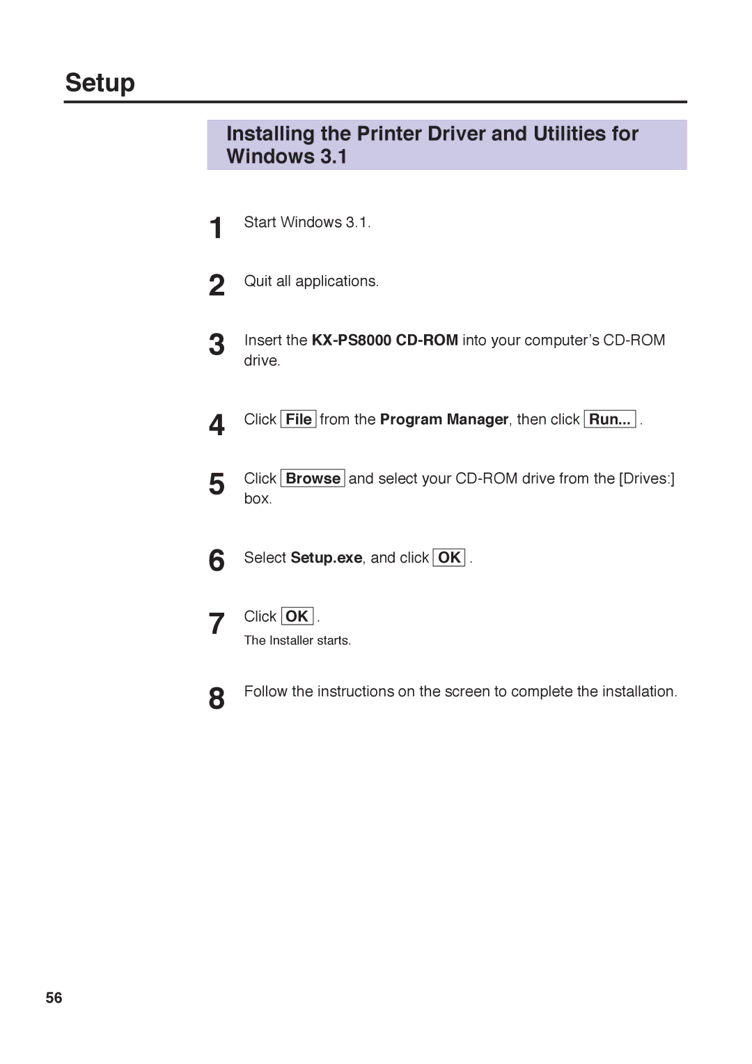 Panasonic KX-PS8000 manual Installing the Printer Driver and Utilities for Windows 