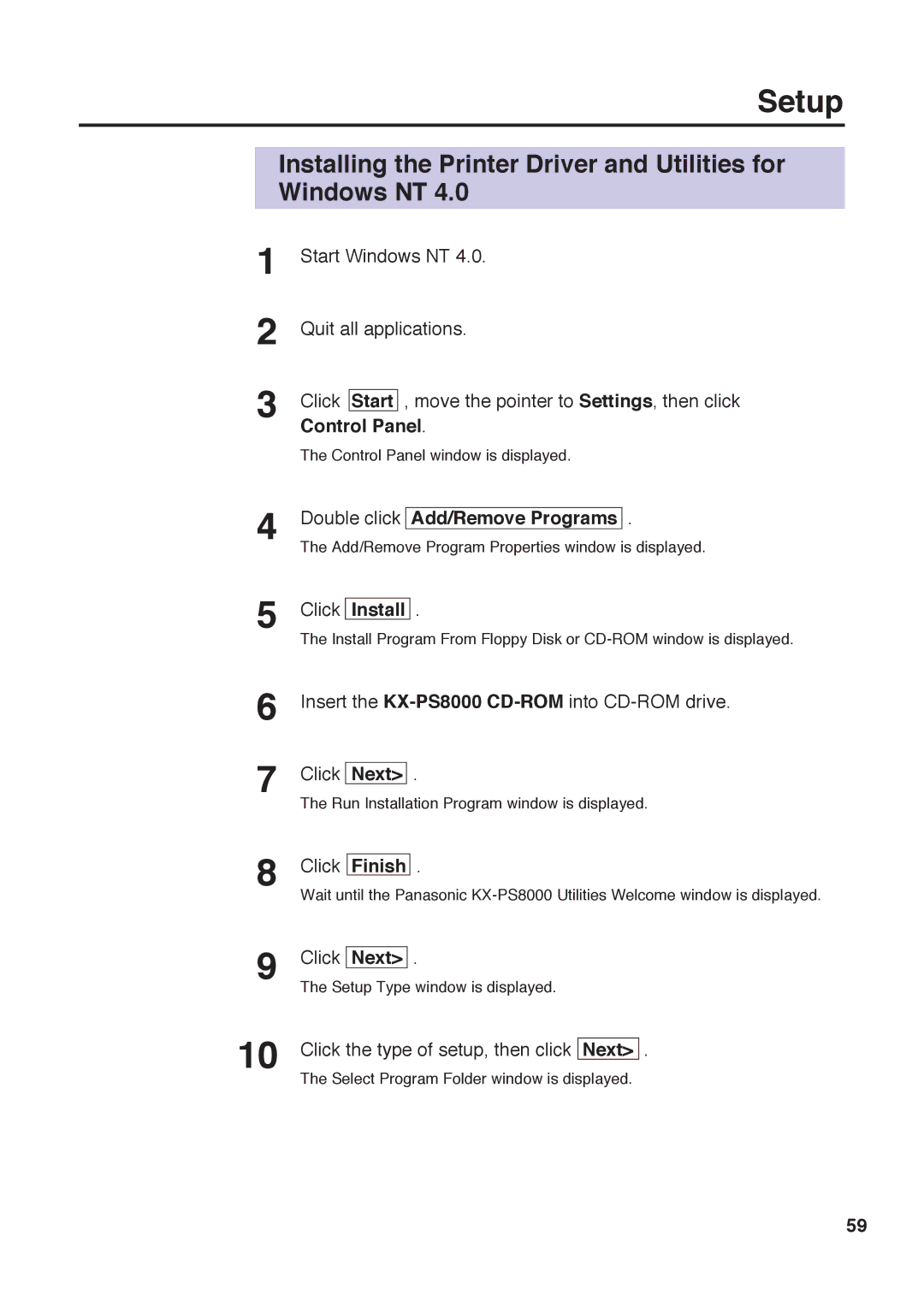 Panasonic KX-PS8000 manual Installing the Printer Driver and Utilities for Windows NT 