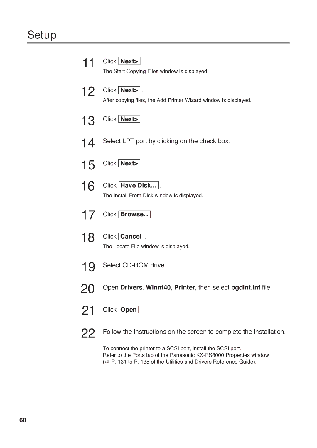 Panasonic KX-PS8000 manual Click Have Disk, Click Browse, Open Drivers, Winnt40, Printer, then select pgdint.inf file 