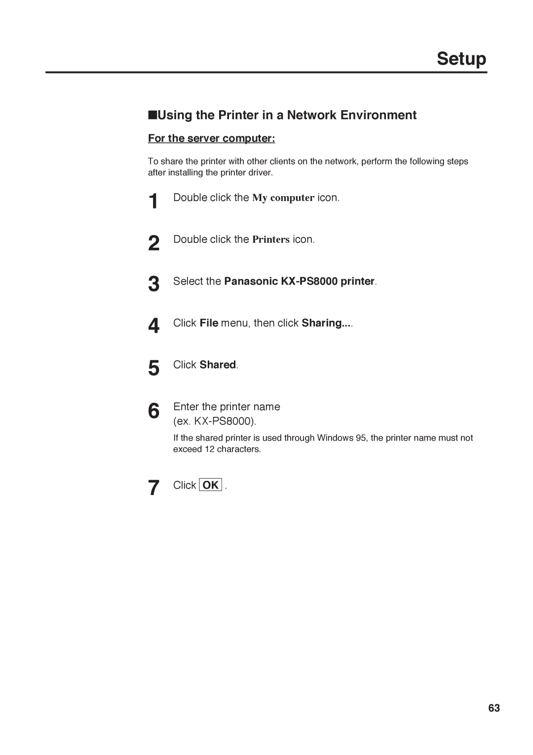 Panasonic KX-PS8000 manual Using the Printer in a Network Environment, For the server computer 