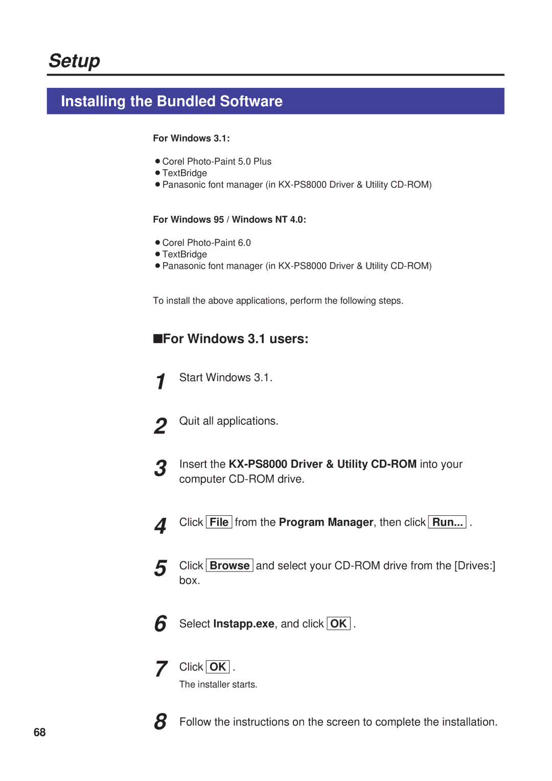 Panasonic Installing the Bundled Software, Insert the KX-PS8000 Driver & Utility CD-ROM into your, File Run, Browse 