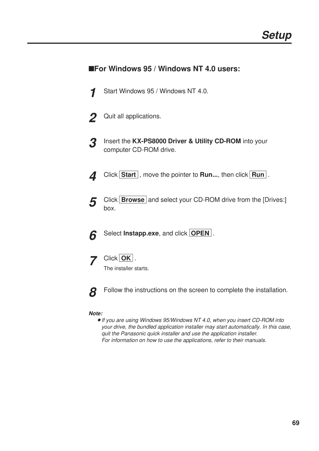 Panasonic KX-PS8000 manual Start Windows 95 / Windows NT, Click Move the pointer to Run..., then click, Start Run 