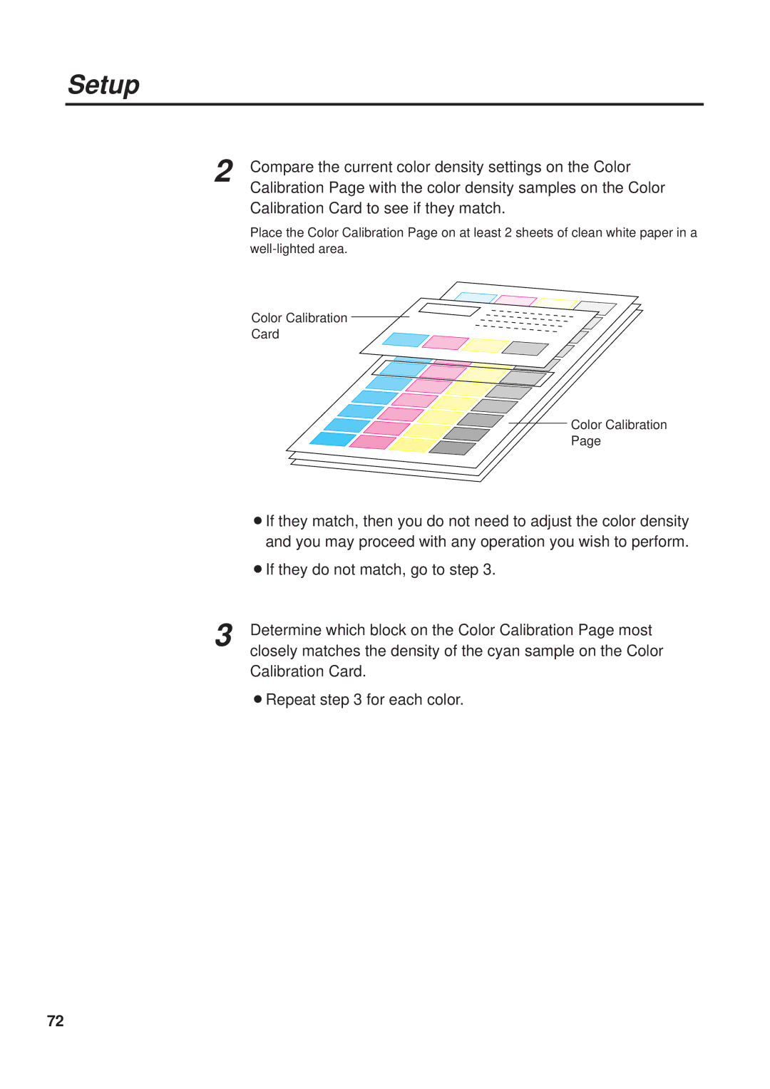 Panasonic KX-PS8000 manual Compare the current color density settings on the Color, Calibration Card to see if they match 