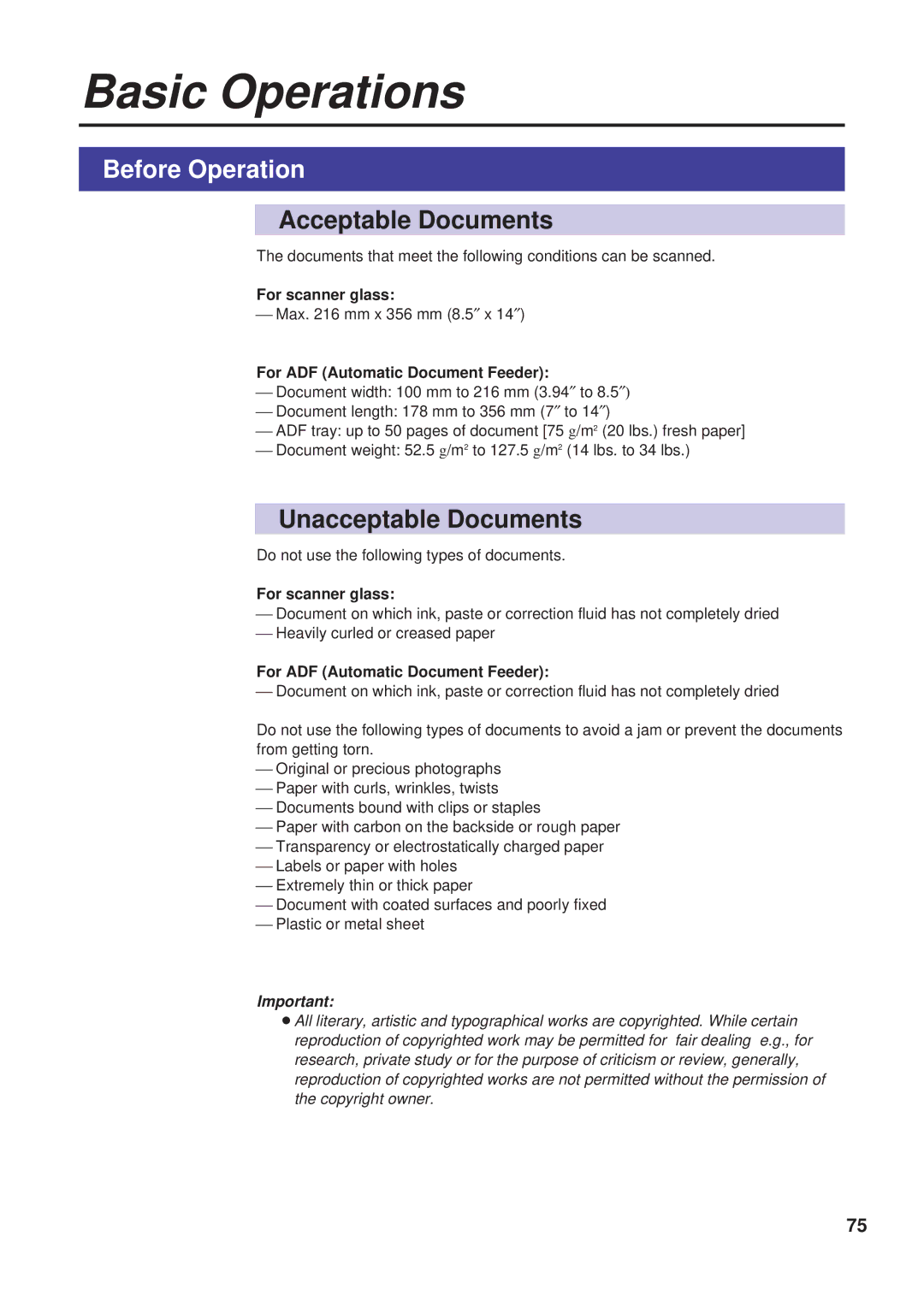 Panasonic KX-PS8000 manual Before Operation, Acceptable Documents, Unacceptable Documents, For scanner glass 