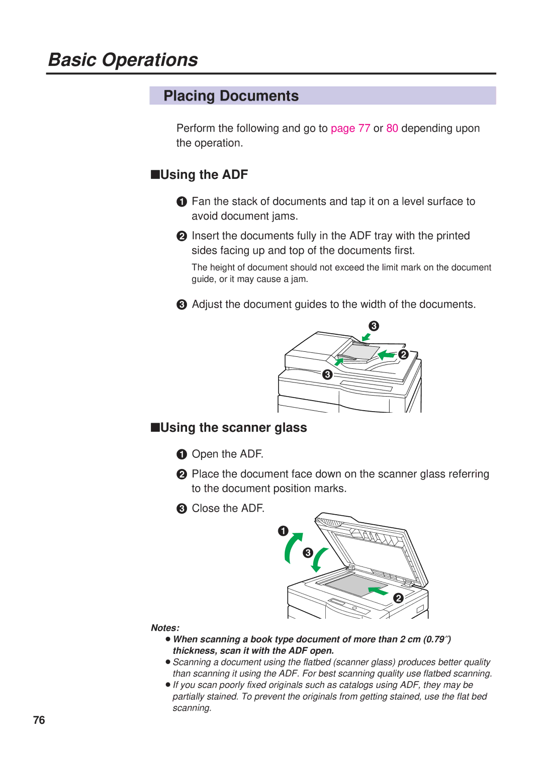 Panasonic KX-PS8000 manual Placing Documents, Using the ADF, Using the scanner glass 