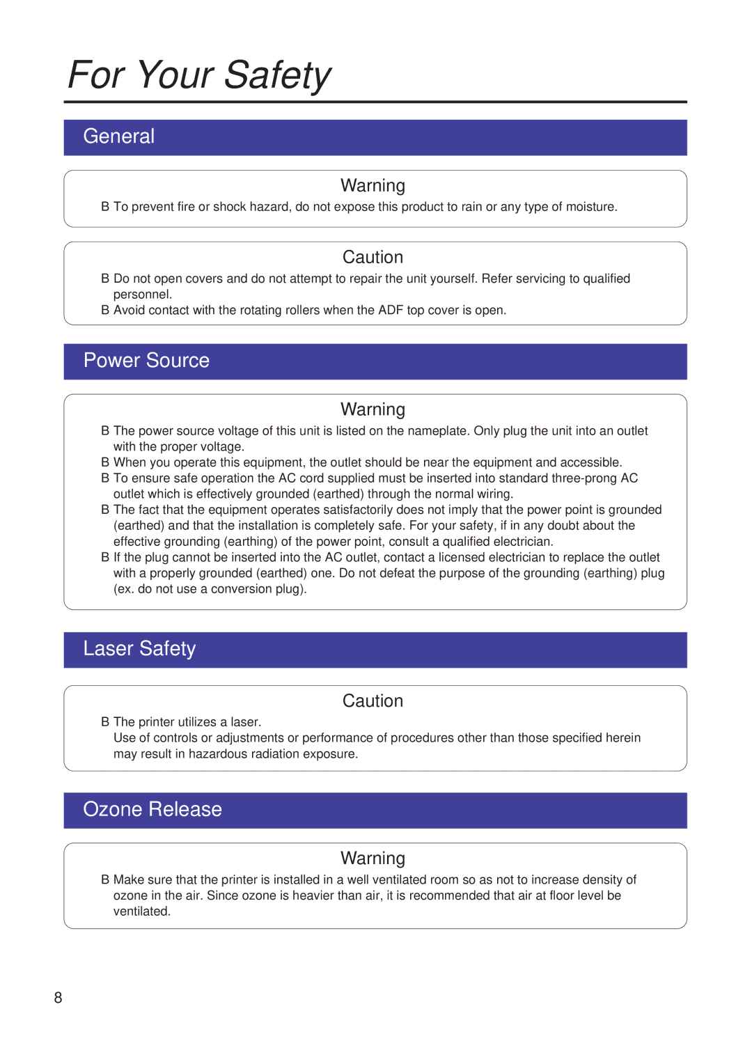 Panasonic KX-PS8000 manual General, Power Source, Laser Safety, Ozone Release 