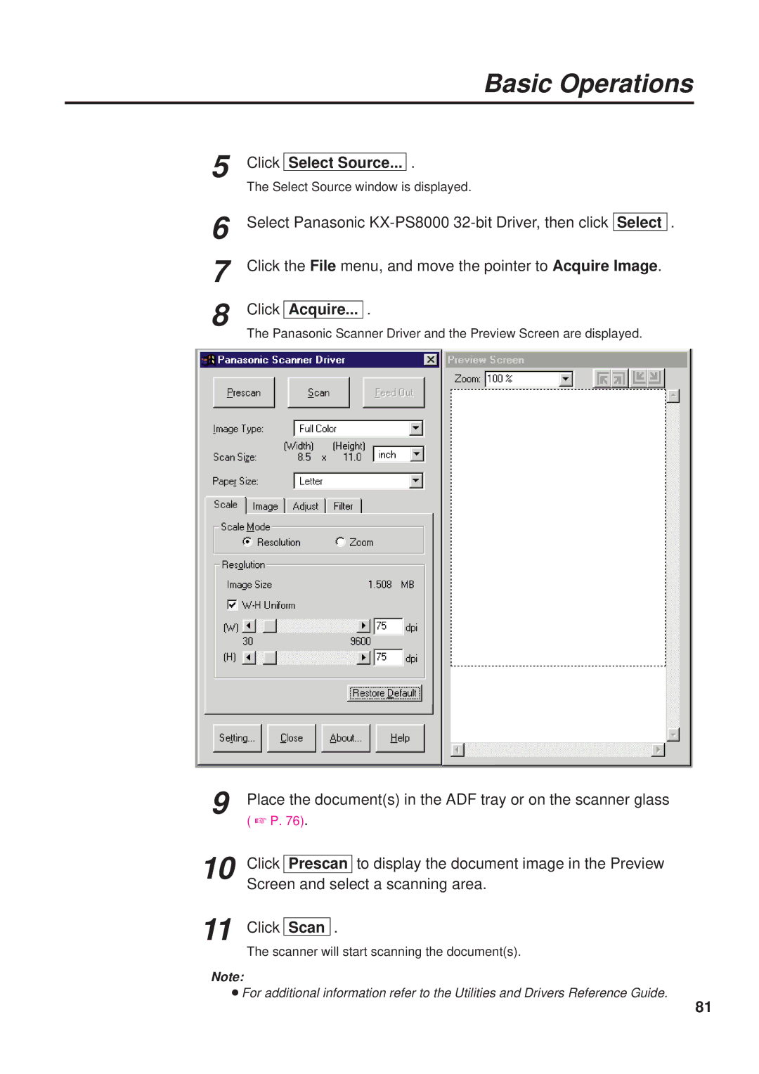 Panasonic KX-PS8000 manual Click Acquire, Scan 