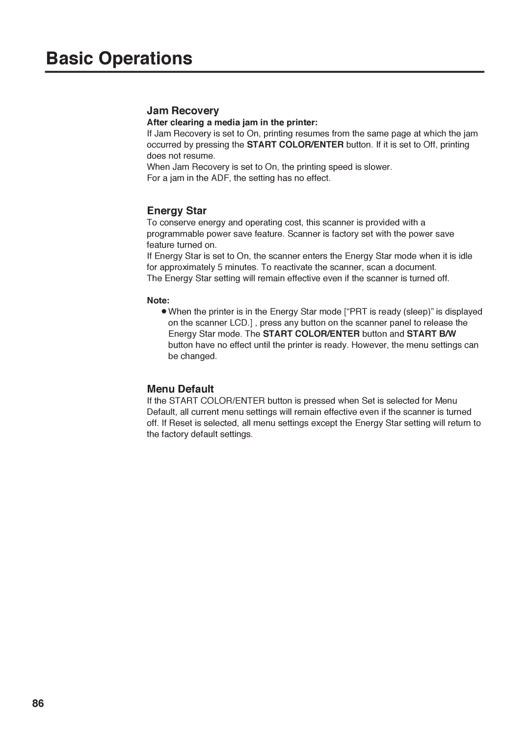 Panasonic KX-PS8000 manual Jam Recovery, Energy Star, Menu Default, After clearing a media jam in the printer 