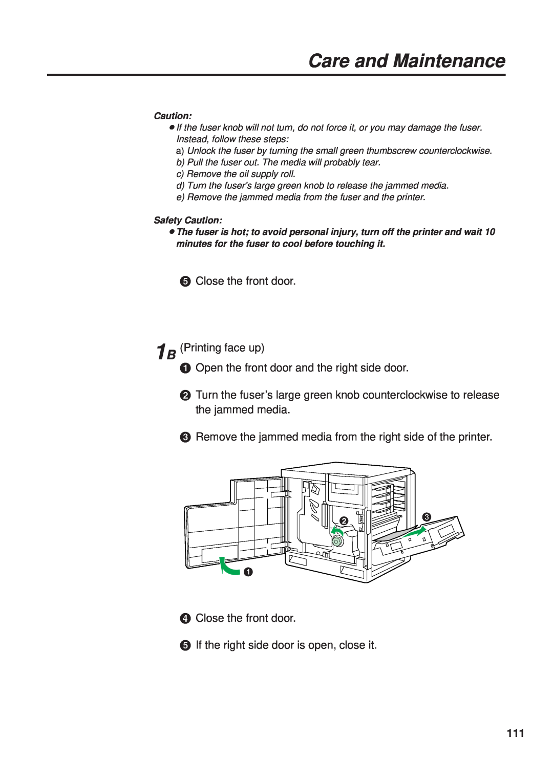 Panasonic KX-PS8000 manual Close the front door 1B Printing face up, Care and Maintenance 