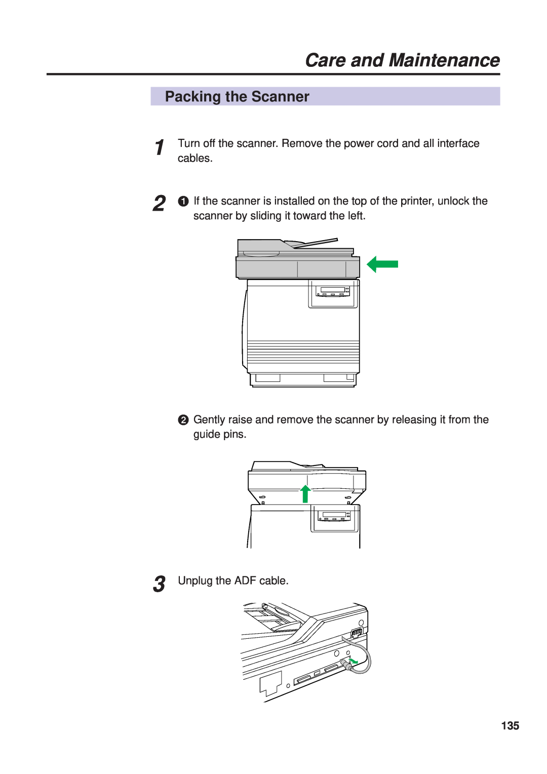 Panasonic KX-PS8000 manual Packing the Scanner, Turn off the scanner. Remove the power cord and all interface, cables 