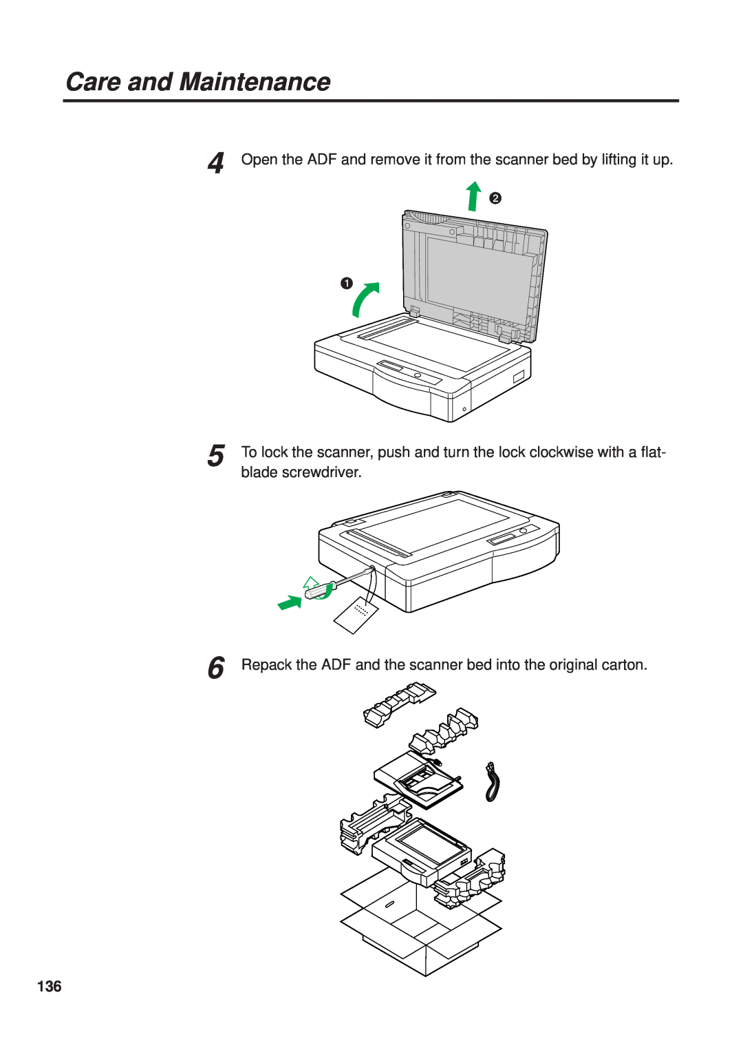 Panasonic KX-PS8000 manual Open the ADF and remove it from the scanner bed by lifting it up, Care and Maintenance 
