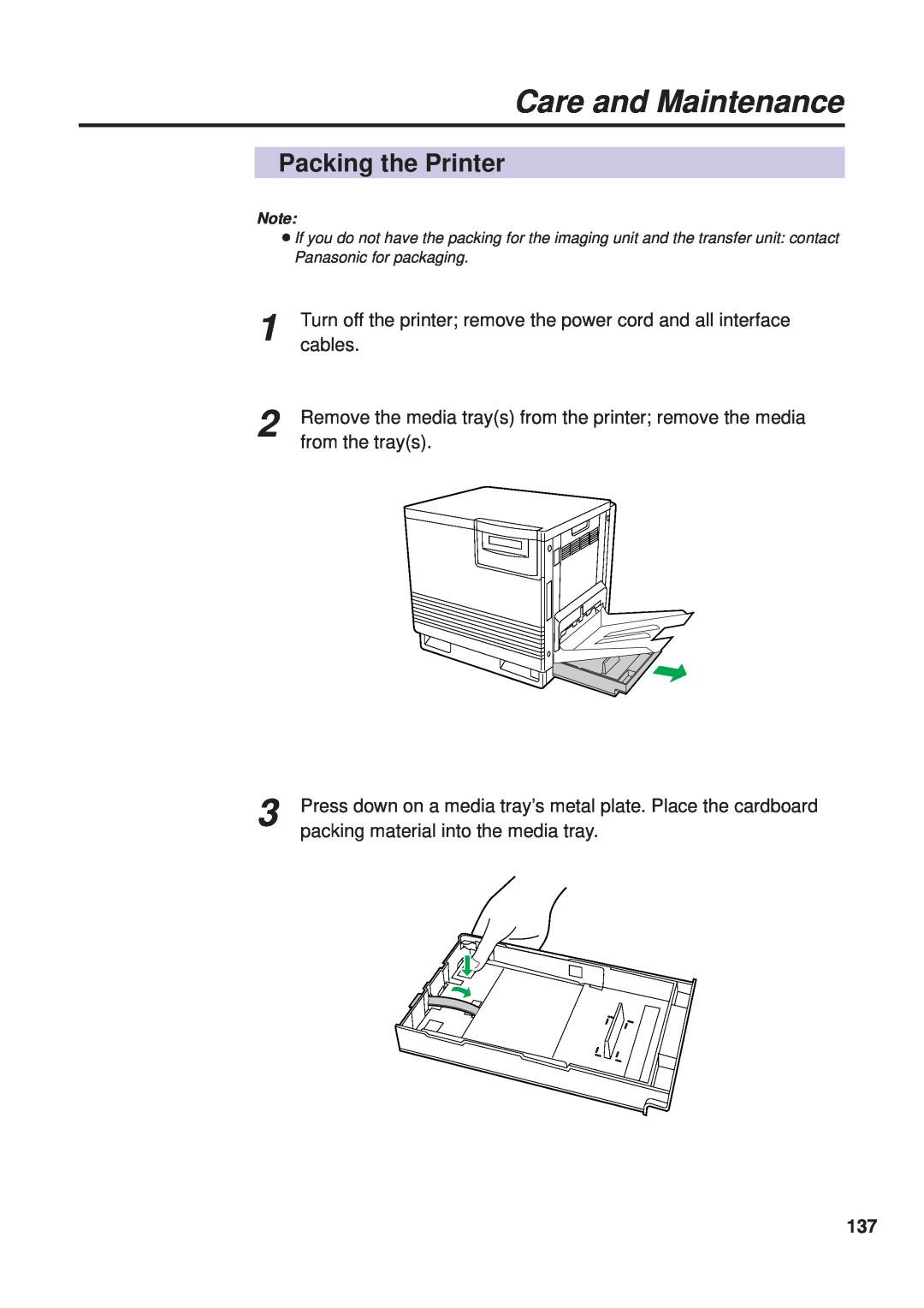 Panasonic KX-PS8000 Packing the Printer, Turn off the printer remove the power cord and all interface, from the trays 