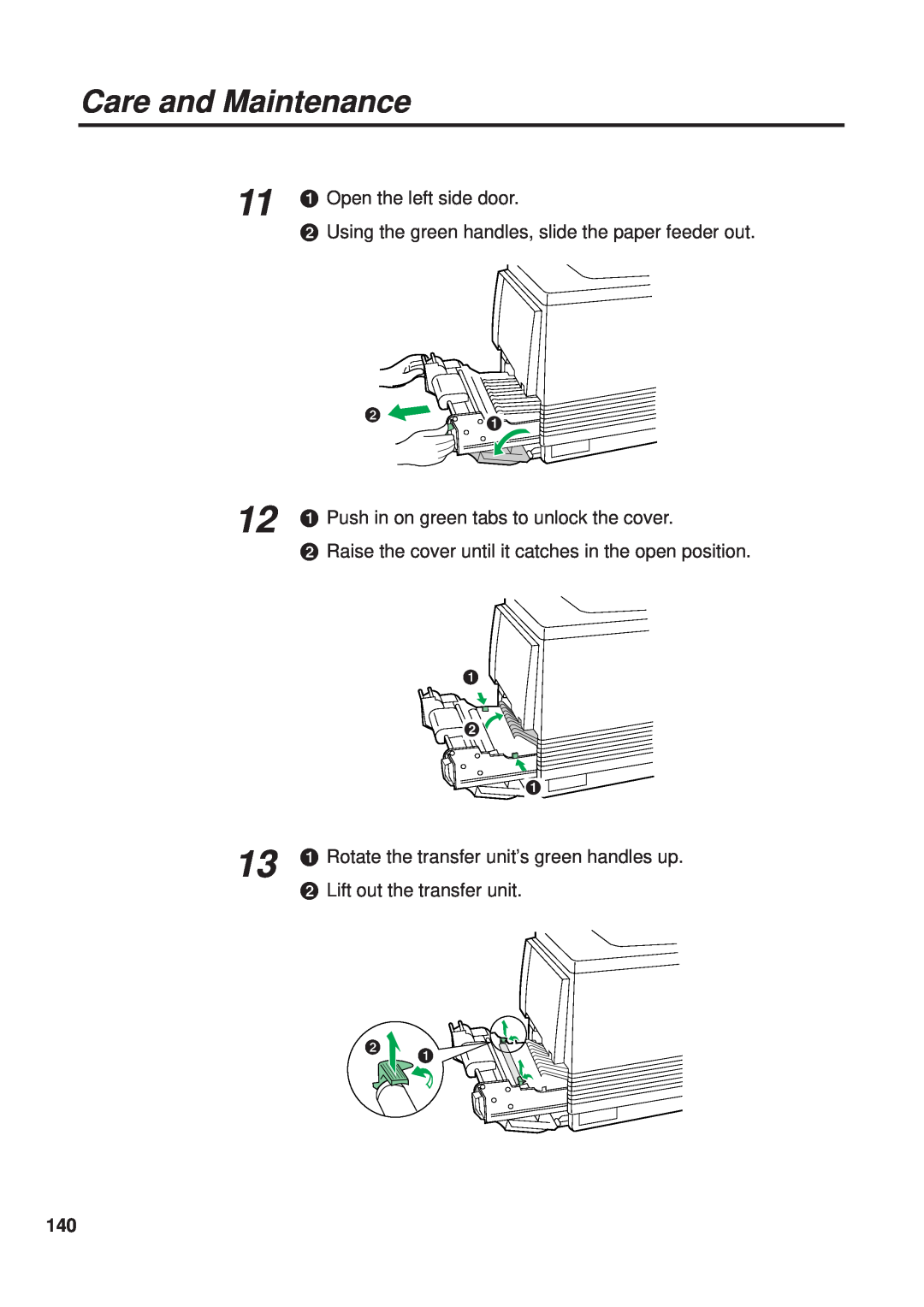 Panasonic KX-PS8000 manual 11 # Open the left side door, $ Using the green handles, slide the paper feeder out, # $ # 