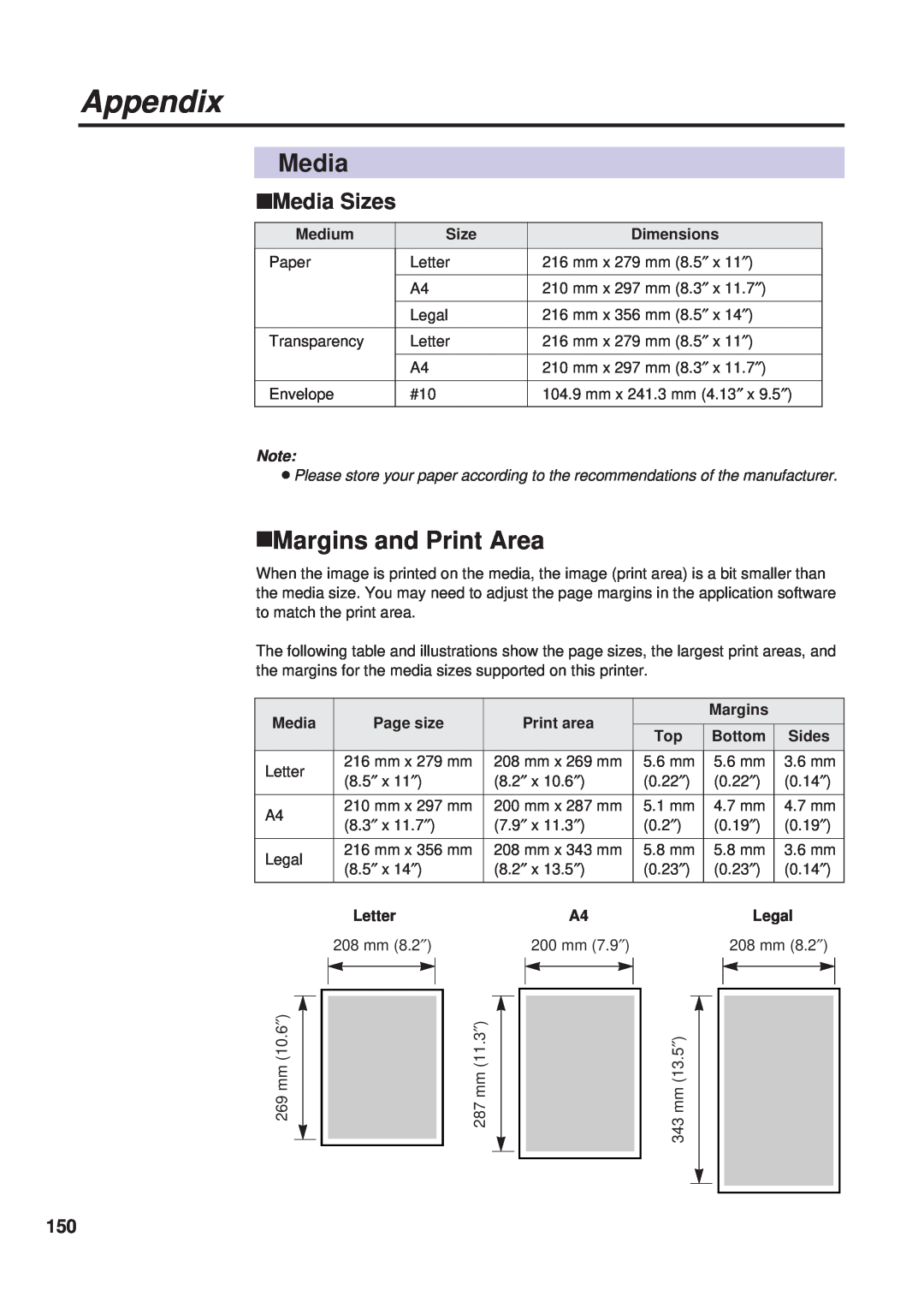 Panasonic KX-PS8000 Media Sizes, Appendix, Margins and Print Area, Medium, Dimensions, Page size, Print area, Bottom 