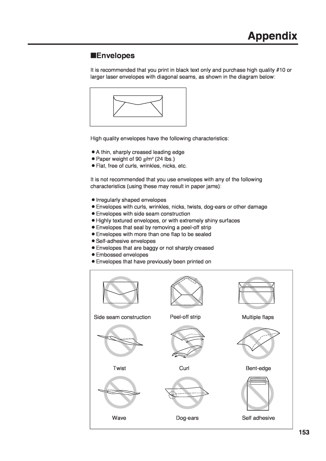 Panasonic KX-PS8000 manual Envelopes, Appendix 
