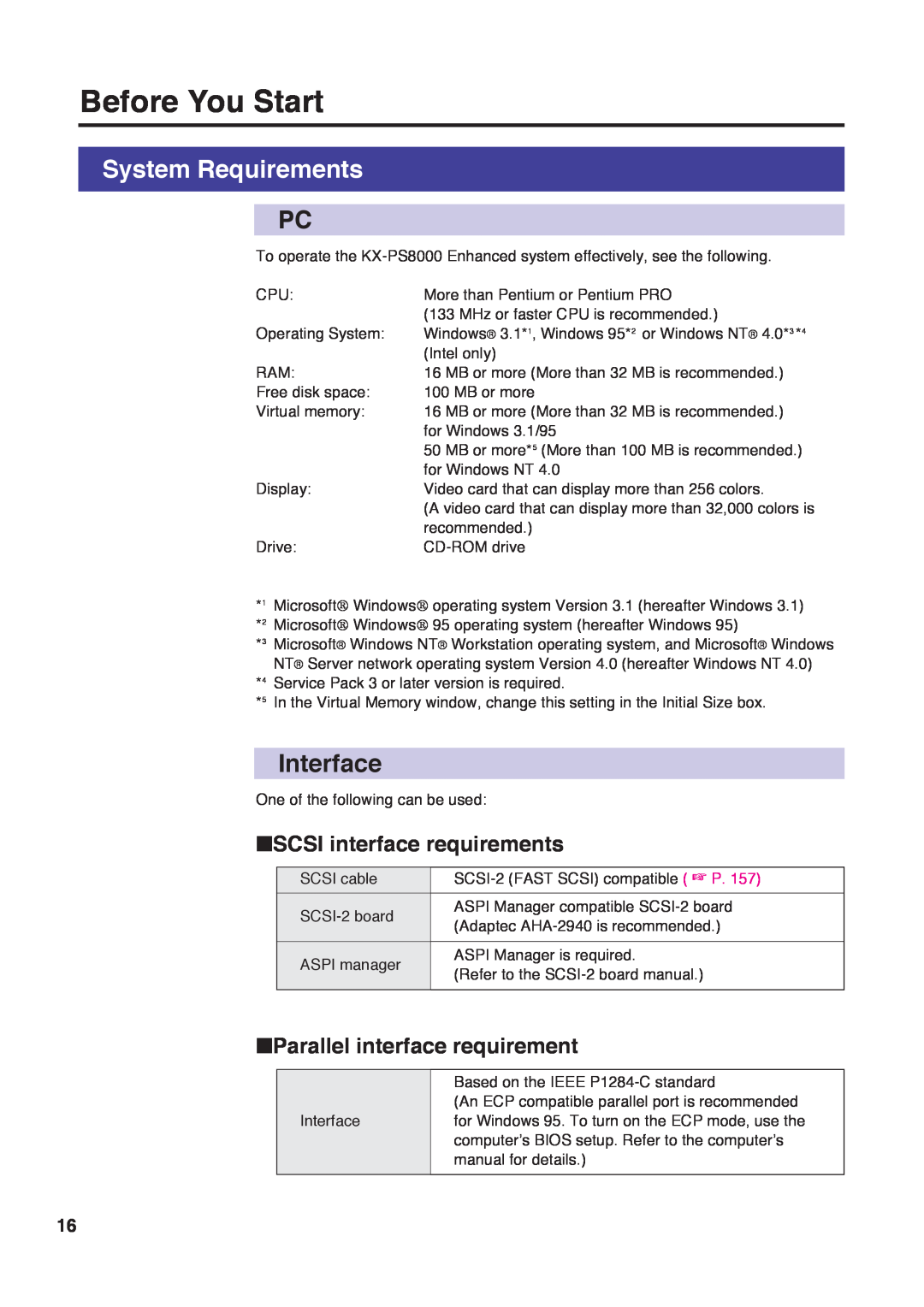 Panasonic KX-PS8000 manual System Requirements, Interface, SCSI interface requirements, Parallel interface requirement 