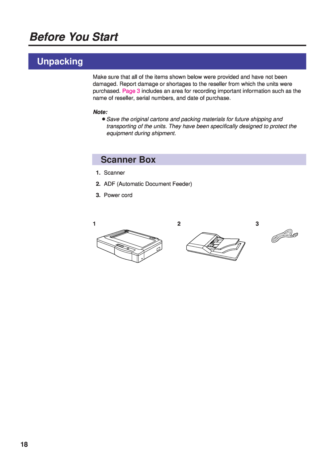 Panasonic KX-PS8000 manual Unpacking, Scanner Box, Before You Start 