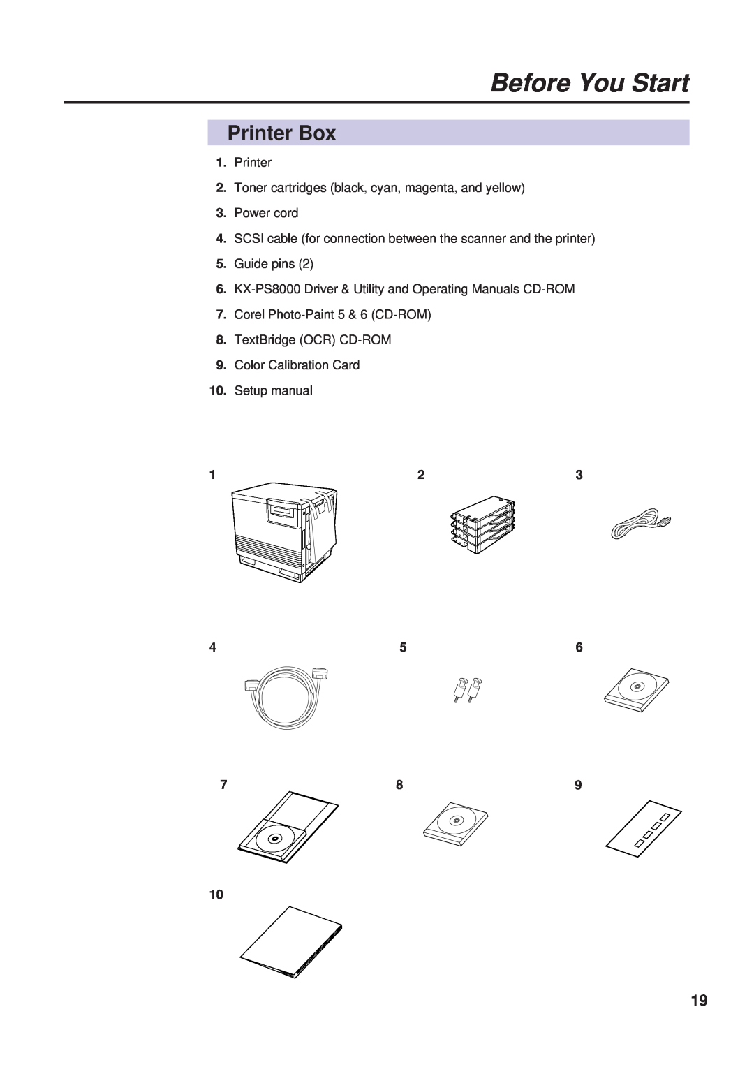 Panasonic KX-PS8000 manual Printer Box, Before You Start, Printer 2. Toner cartridges black, cyan, magenta, and yellow 