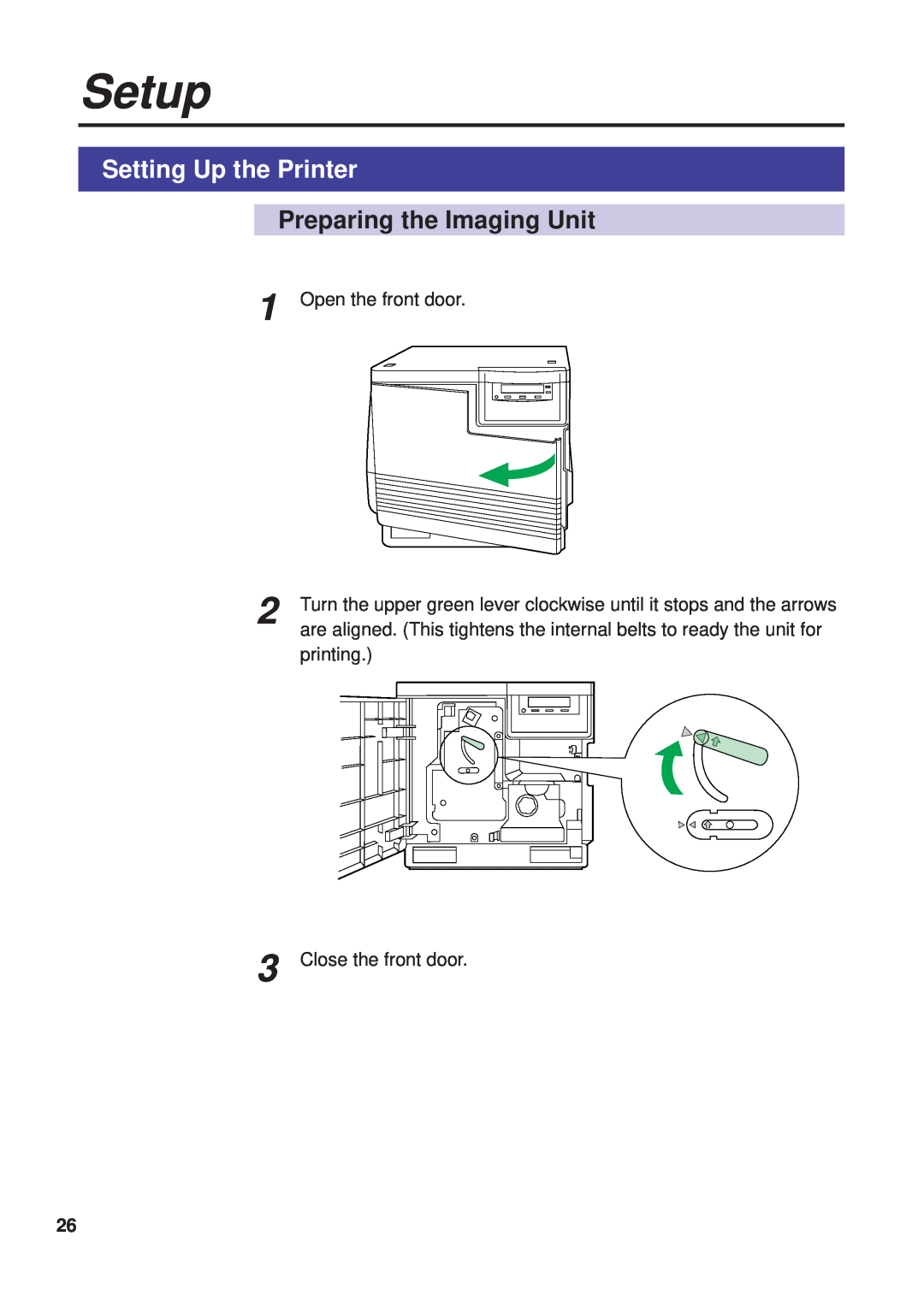 Panasonic KX-PS8000 manual Setup, Setting Up the Printer, Preparing the Imaging Unit, Open the front door 