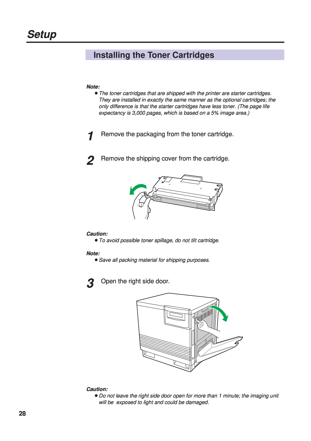 Panasonic KX-PS8000 manual Installing the Toner Cartridges, Remove the packaging from the toner cartridge, Setup 