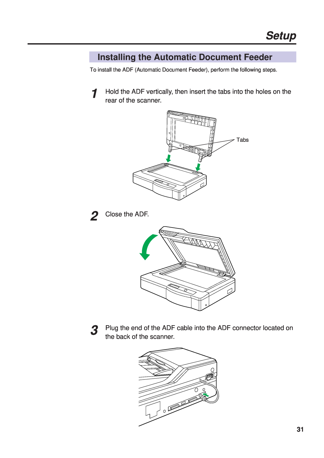 Panasonic KX-PS8000 Installing the Automatic Document Feeder, rear of the scanner, Close the ADF, the back of the scanner 