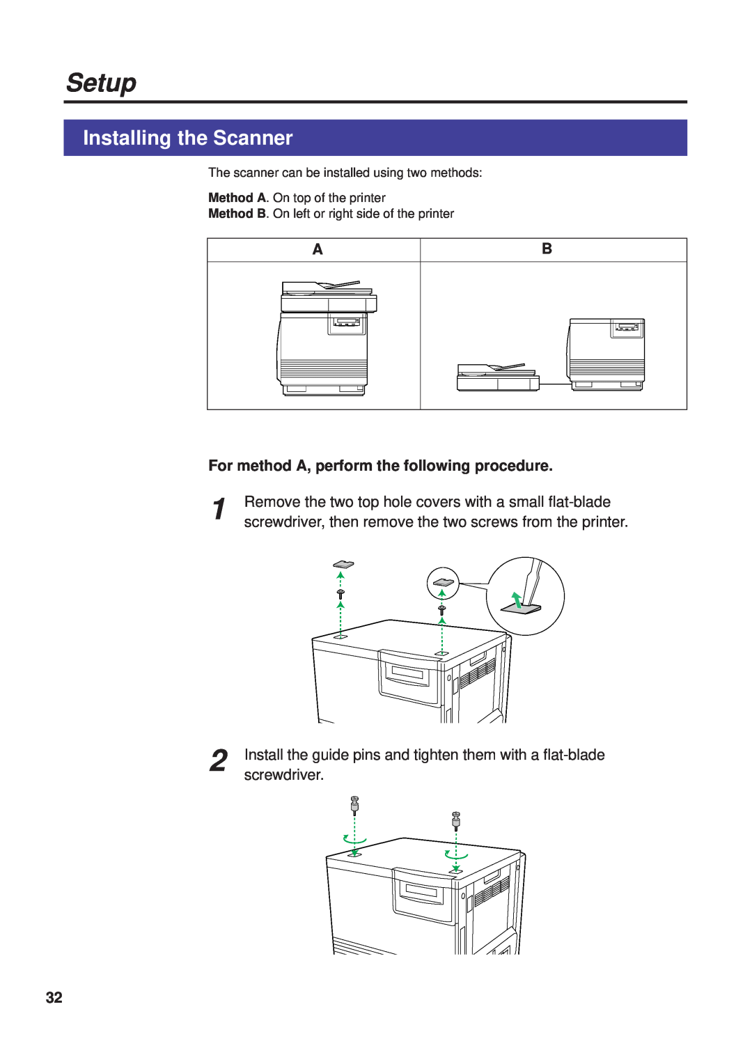 Panasonic KX-PS8000 manual Installing the Scanner, For method A, perform the following procedure, screwdriver, Setup 