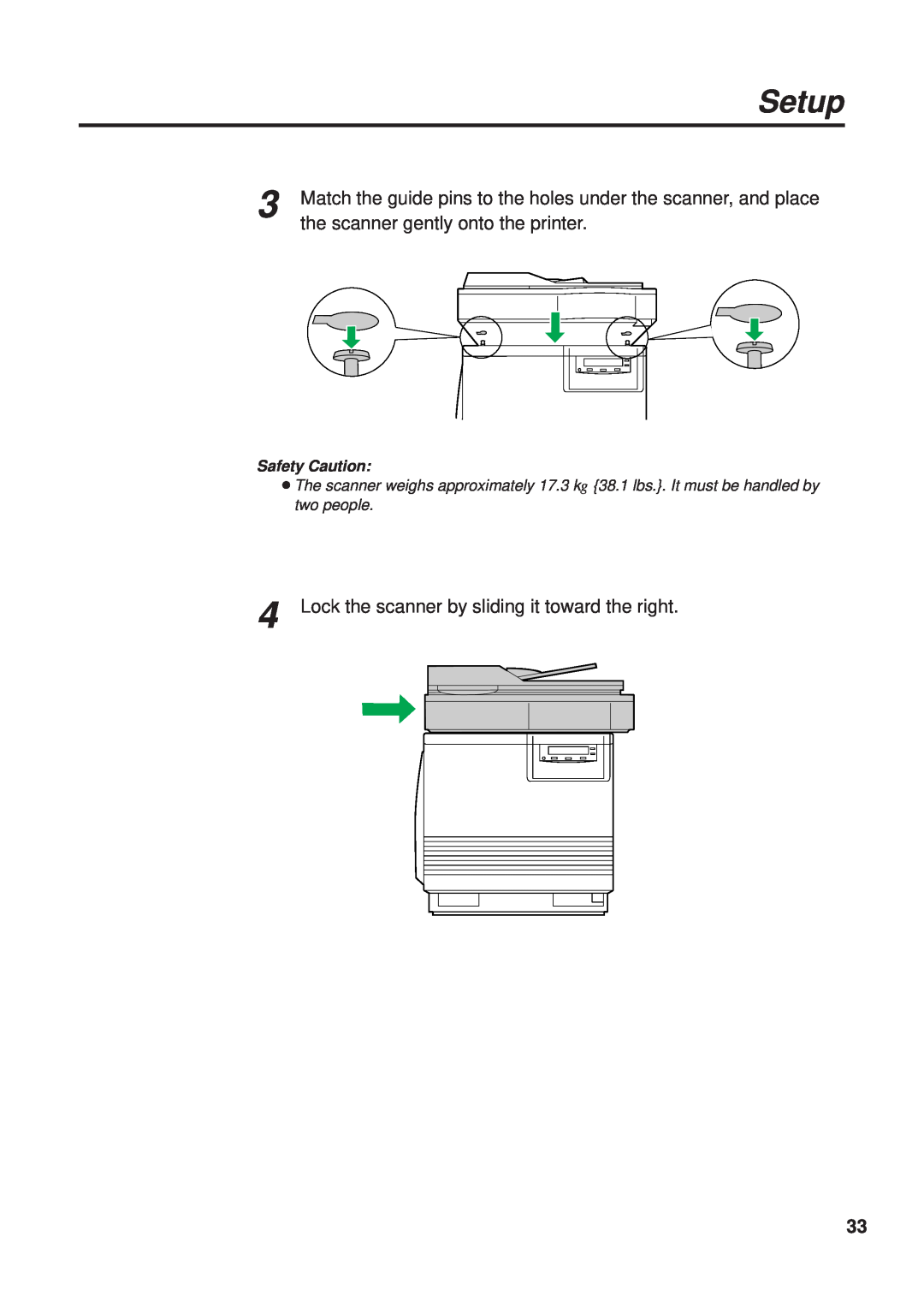 Panasonic KX-PS8000 Match the guide pins to the holes under the scanner, and place, the scanner gently onto the printer 