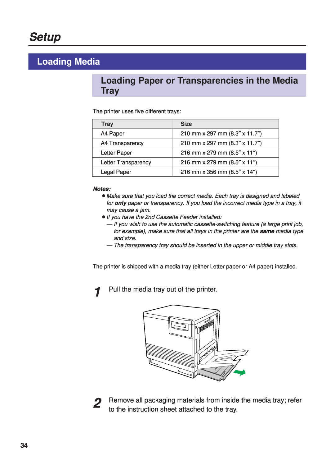 Panasonic KX-PS8000 manual Loading Media, Loading Paper or Transparencies in the Media Tray, Setup, Size 