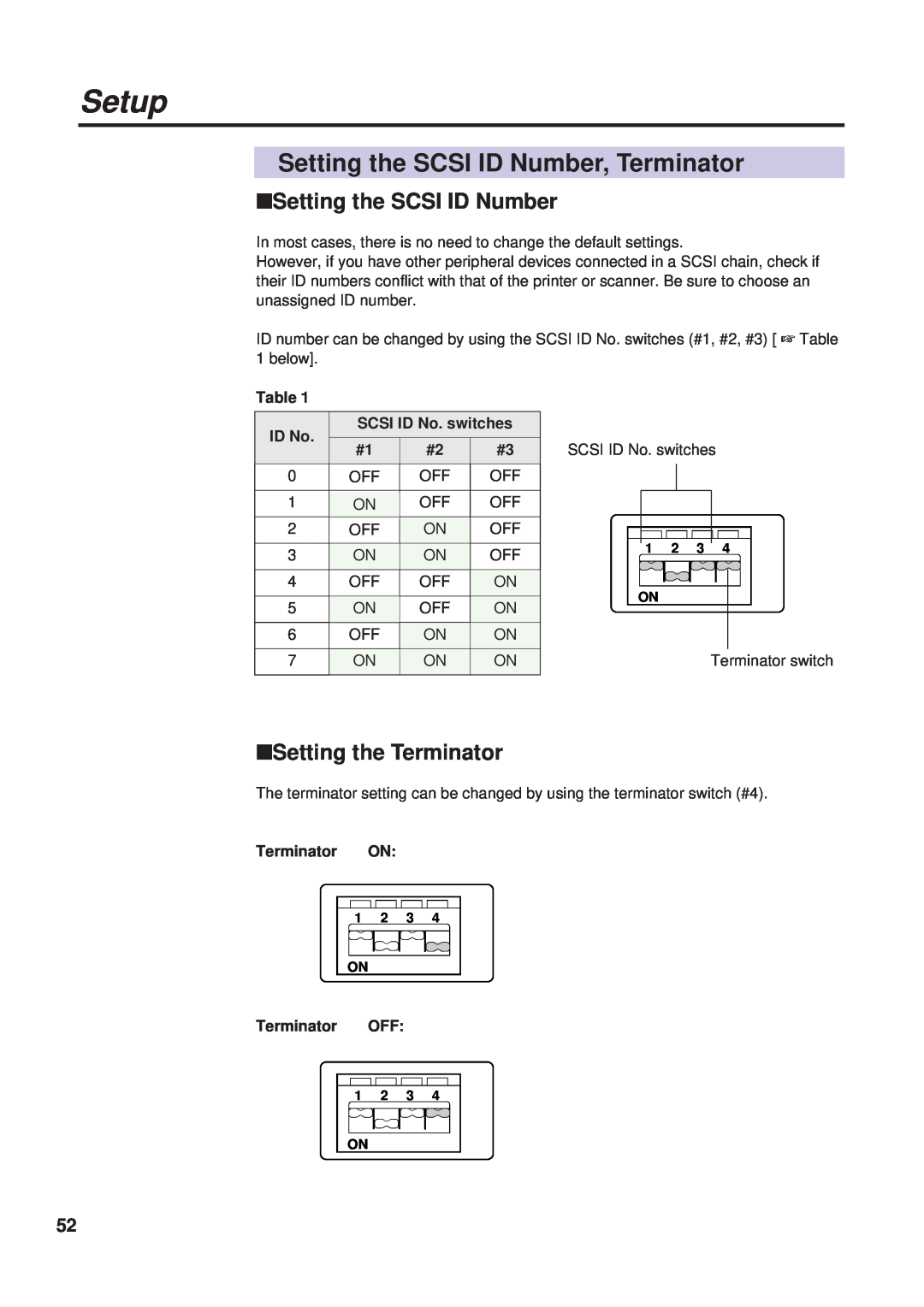 Panasonic KX-PS8000 manual Setting the SCSI ID Number, Terminator, Setting the Terminator, Setup, SCSI ID No. switches 
