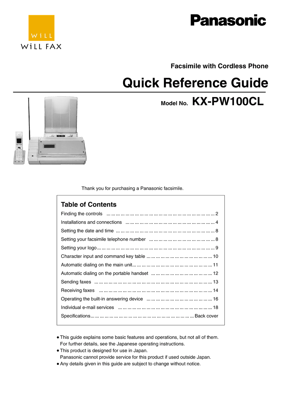 Panasonic KX-PW100CL specifications Quick Reference Guide 