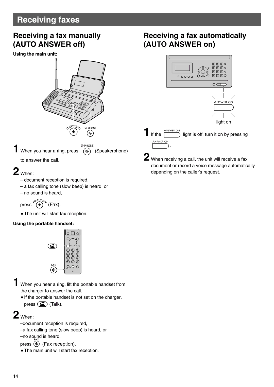 Panasonic KX-PW100CL specifications Receiving faxes, Receiving a fax manually Auto Answer off, Using the main unit 