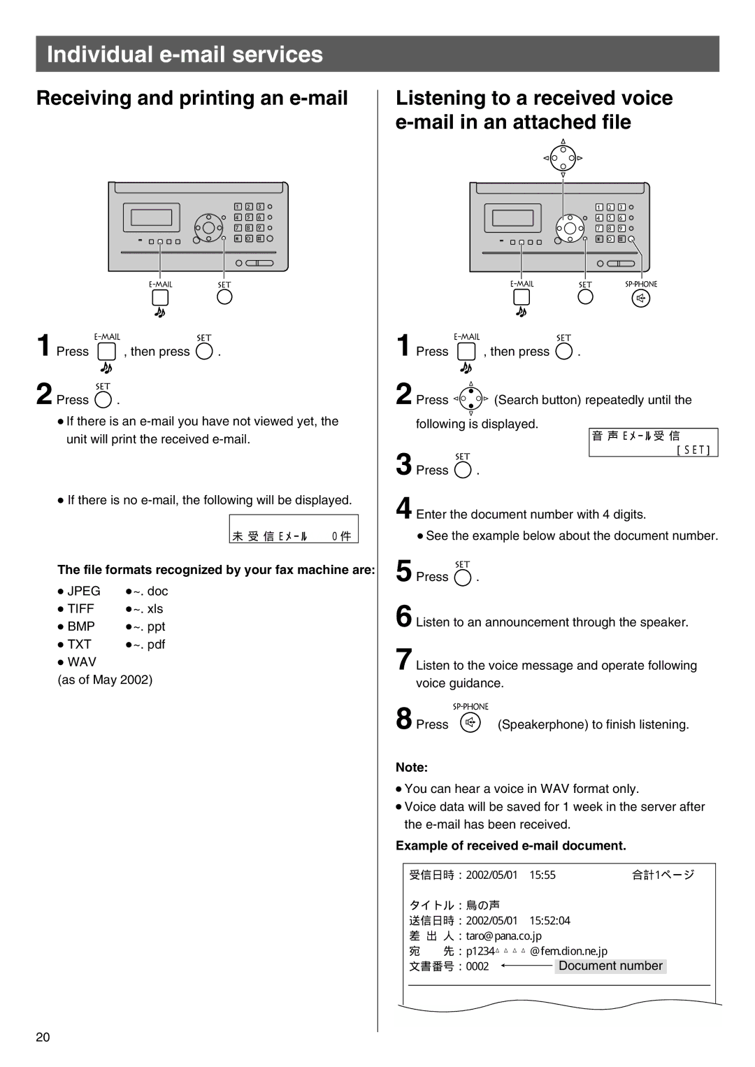 Panasonic KX-PW100CL Receiving and printing an e-mail, Listening to a received voice e-mail in an attached file 