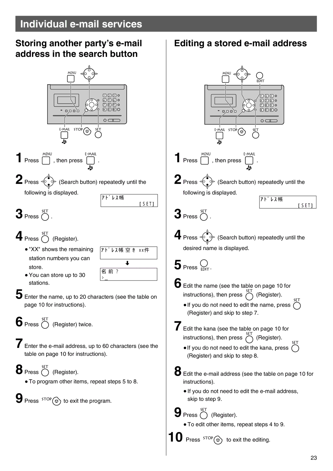 Panasonic KX-PW100CL Storing another party’s e-mail address in the search button, Editing a stored e-mail address 