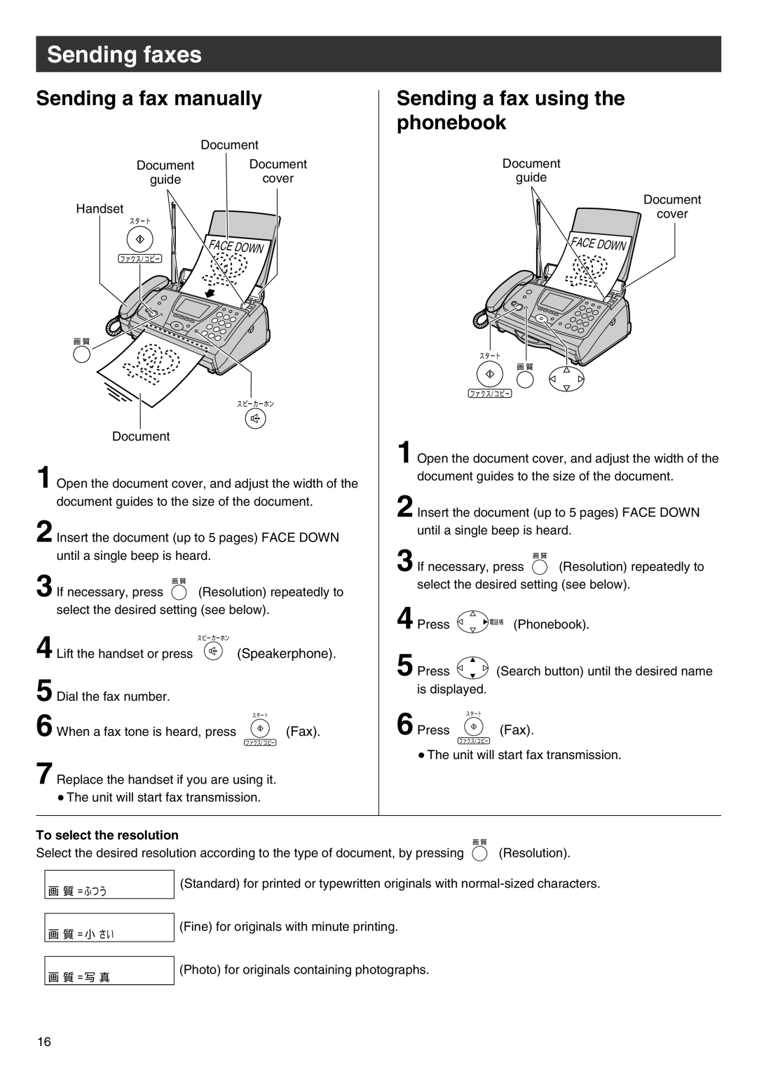 Panasonic KX-PW102CW Sending faxes, Sending a fax manually, Sending a fax using the phonebook, To select the resolution 